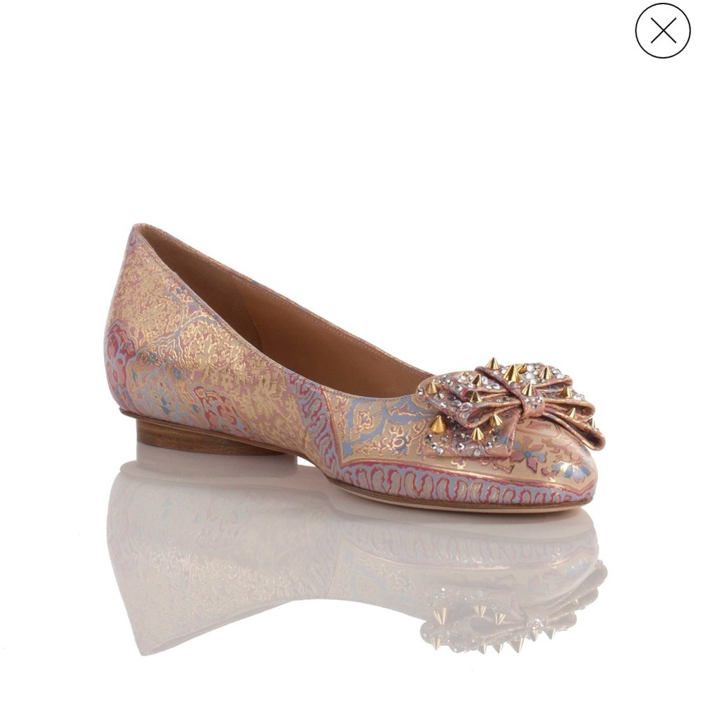 Allysa Payne Leather Flats Gold Plated Studs Crystals Sz 37.5  Embellished Bows